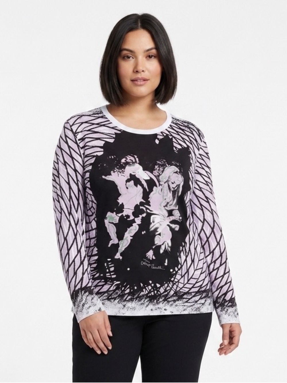 Just Cavalli made in Italy crewneck long sleeve artsy top lavender white Large